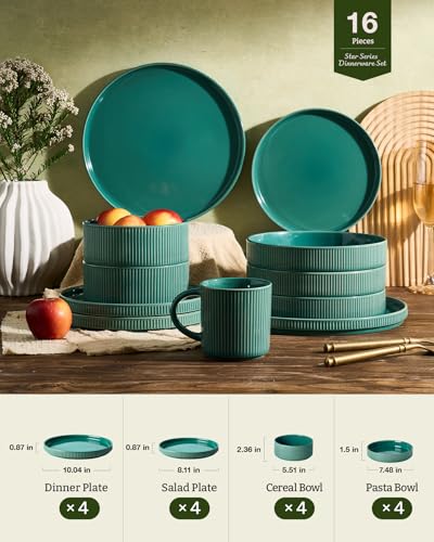 Star Stoneware Dinnerware Sets with Pasta Bowls (Sage Green / Service for 4 - Double Bowls)
