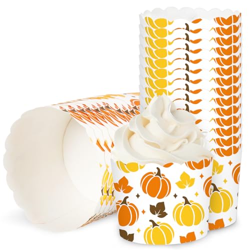 100Pcs Fall Paper Baking Cups Pumpkin Maple Leaf Cupcake Wrappers Orange Yellow Brown Scalloped Edge Cupcake Muffin Cases for Autumn Thanksgiving Dessert Decoration (Fall Pumpkin)