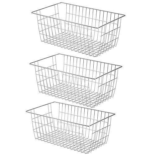 Wire Baskets Farmhouse Freezer Organizer Storage Bin Basket with Handles (Stainless Steel-3pack / 15.7"L x 9.5"W x 6.3"H)