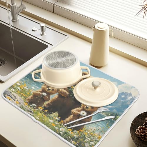 Three Bear Dish Drying Mat for Kitchen Ccounter Absorbent Microfiber Small Drying Pad Dandelion Wildflowers Dish Mats for Kitchen Countertops 16 x 18 Inch (18" x 16")