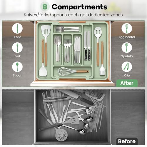 Large Silverware Organizer Tray for Kitchen Drawer Utensils Thicker (Sage Green)