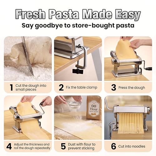 3-in-1 Pasta Maker with 9-Setting Pasta Roller & Cutters, Silver (Silver)