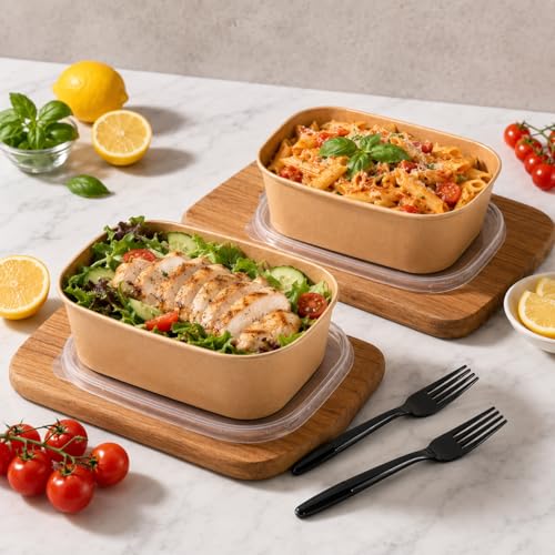 50 Pack 35oz Disposable Kraft Paper Bowls【with Lids and Forks】 (50 Count)