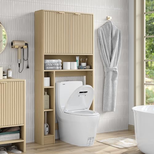 31''W Over Toilet Storage Cabinet Modern Above Toilet Shelf Cabinet with Fluted Doors & Toilet Paper Storage Holder for Bathroom (Natural Oak / Fluted Doors Over Toilet Cabinet)