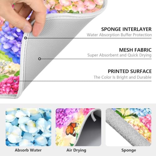 Hydrangea Flowers with Butterfly Dish Drying Mat for Kitchen Counter Absorbent Microfiber Small Drying Pad Dish mats for Kitchen Countertops 16 x 18 Inch (Spring Hydrangea Flowers / 18" x 16")