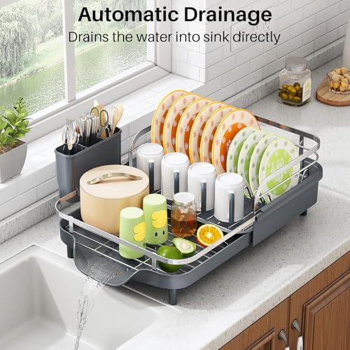 Expandable Dish Drying Rack for Small Kitchen Counter (Gray)