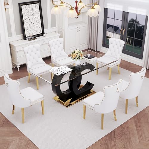 7 Piece Glass Dining Table Set for 6 (Black Table & Gold White Chair / 7-Piece Set-OC-Shaped Table)