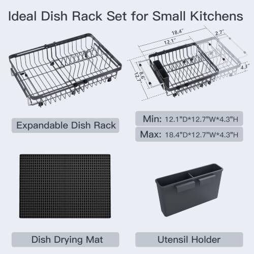 Grey Expandable Dish Drying Rack Over Sink with Extra Drying Mat (Gray / For 13"-30" W Sink with Mat)