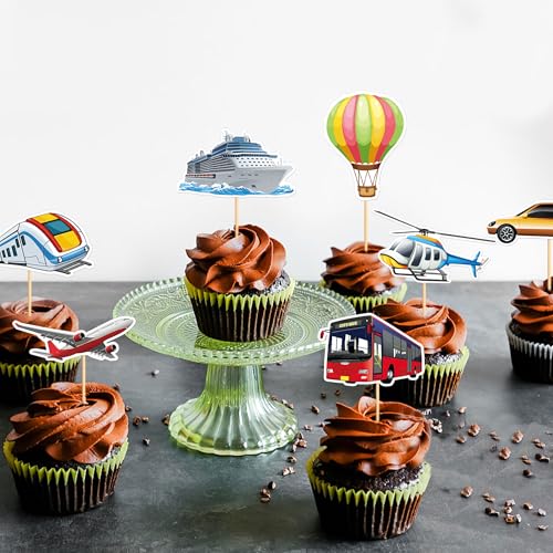 24Pcs Printed Transportation Cupcake Toppers Train Hot Air Balloon Motorcycle Bus Boat Airplane Cupcake Picks for Transportation Theme Baby Shower Boys Girls Birthday Party Decorations (White)