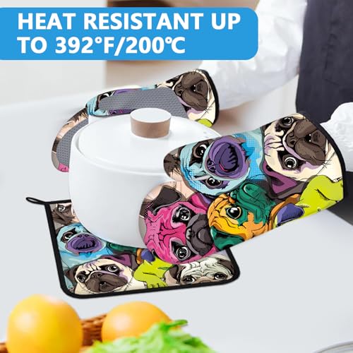 Colorful Pug Dog Face Oven Mitts and Pot Holders Sets Heat Resistant 4Pcs Potholders Oven Gloves Hot Pads for Kitchen Baking Cooking Grilling BBQ (Colorful Pug Dog Face)