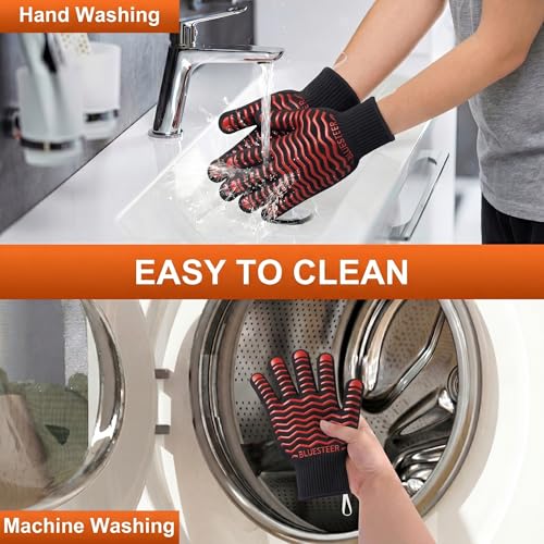 BBQ Gloves 1472°F Heat Resistant Oven Gloves with Fingers (Black-red / One Size Fits Most)