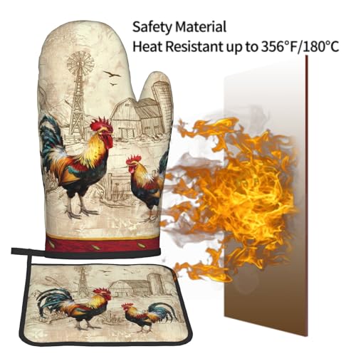 Farm Rooster Oven Mitts and Pot Holder Set of 2 Rustic Chicken Kitchen Potholders Heat Resistant Oven Glove for Baking Cooking Grilling BBQ (Farm Rooster)