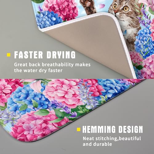 Hydrangea Floral Dish Drying Mat Cute Cat Microfiber Absorbent Dish Drying Pad for Kitchen Counter 16 X 18 (Colorful Hydrangea Cat / 18" x 16")