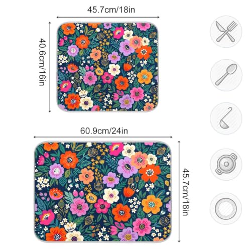 Flower Floral Dish Drying Mat for Kitchen Counter Absorbent Microfiber Drying Pad (16" x 18")