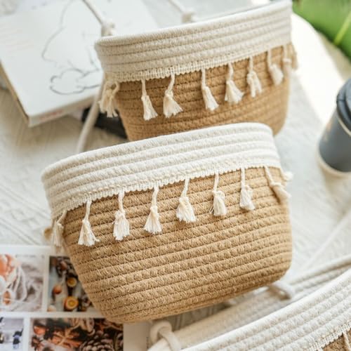 3 Tier Cotton Rope Baskets with Tassels Over the Door Wall Hanging Baskets for Nursery (Jute+White / 3 tier+Tassels)
