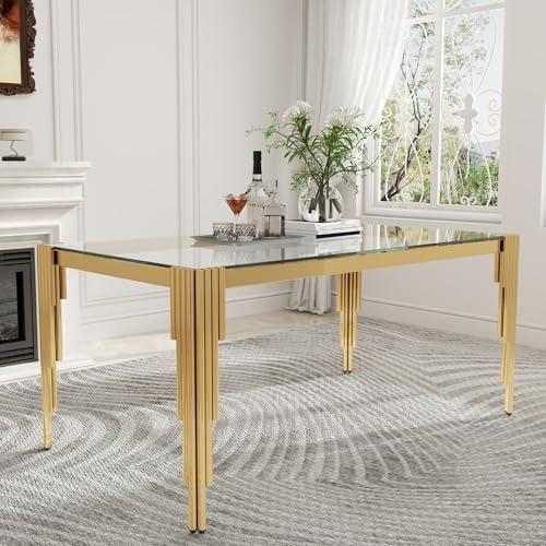 63'' Modern Glass Dining Table for 4 (Gold-clear / Rectangle-62.99" L x 35.43" W x 29.53" H)