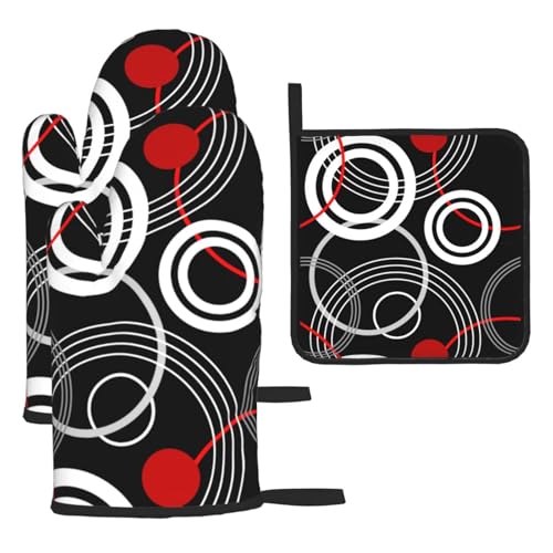 Modern Black Red Retro Oven Mitts and Pot Holders Sets of 3 (Black Red)