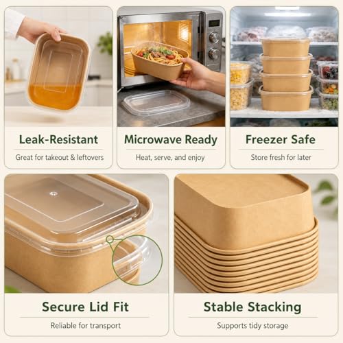 50 Pack 19oz Disposable Kraft Paper Bowls with Lids and Forks (50 Count)