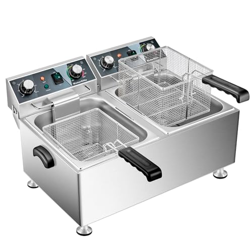 Deep Fryer Commercial Deep Fryers With Basket13Lx2 13.7Qt x 2 Thicken With Precise Temperature Control Timer Double Deep Fryer With 2 Baskets1800Wattsx2 120V Countertop Fryer Restaurant (26L 3600W)
