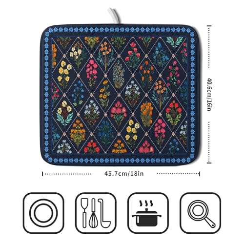 Lapis Blue Dish Drying Mat for Kitchen Counter Flowers Microfiber Absorbent Dish Draining Reusable Washable Small (Wildflowers Dark Blue / 18" x 16")