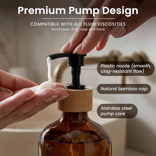 Dish Soap Dispenser Set (Amber Bottles Black Bamboo Pumps)