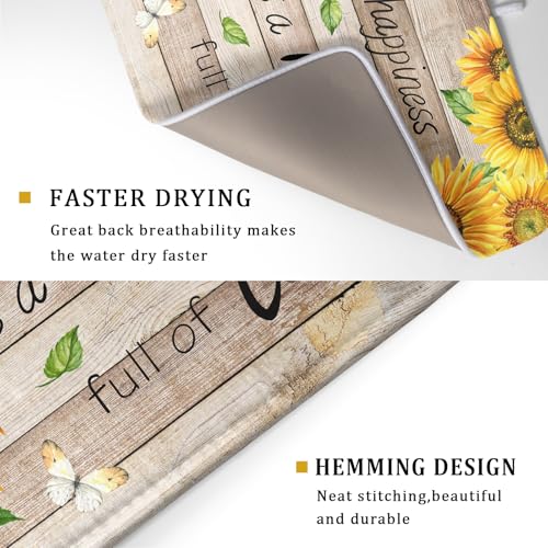 Sunflower Floral Dish Drying Mat for Kitchen Countertop 18x24 inch Rustic Wood Washable Microfiber Absorbent Dishes Drainer Rack Pad (Sunflower Wood Home / 18" x 24")