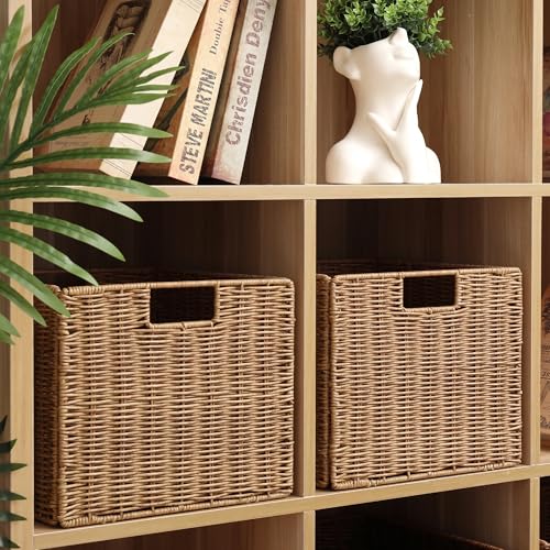 12X12X10in Plastic Wicker Storage Basket (Natural)