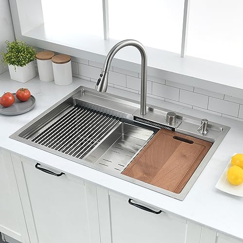 33 Inch Drop In Kitchen Sink with Faucet Combo (33"L x 22"W x 10"D / Stainless Steel （Waterfall）)