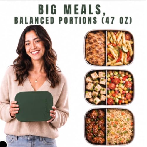 Flexibento 47 OZ Leak proof Stainless Steel Lunch Box Containers with Silicone Lids (ZB-ForestGreen-47OZ-Setof2)