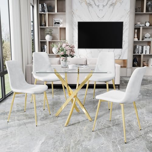36" Square Glass Dining Table Set for 4 (Gold Square Table/White Velvet Chairs / 5 Pieces)