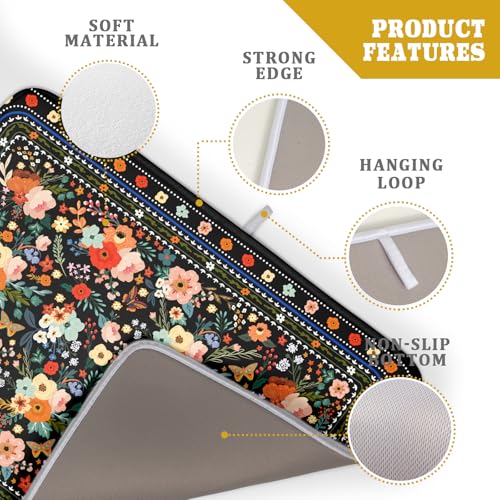 Floral Microfiber Dish Drying Mat Large Absorbent Dish Drainer Rack Pad for Kitchen Counter (Boho Floral Black / 24" x 18")
