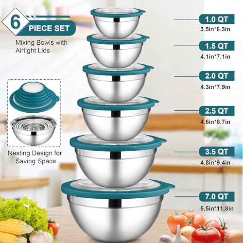 6 PCS Stainless Steel Mixing Bowls with Visible Lid for Food Storage (12 Count)