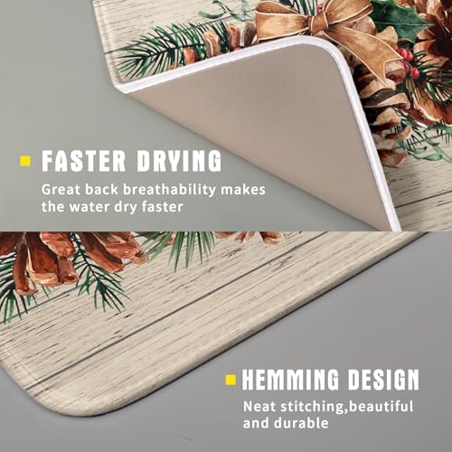 Winter Pine Cone Dish Drying Mat Holly Berries Dish Draining Mat Microfiber Washable Dish Drainer Rack Mat for Home Kitchen Counter 16"x18" (Winter Pine Cone / 16" x 18")
