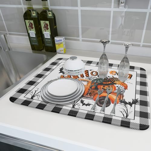 Halloween Truck Dish Drying Mat Orange Absorbent Microfiber Coffee Pad (Halloween Truck Orange / 24" x 18")