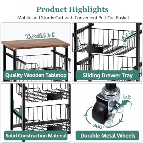 5 Tier Vegetable Fruit Basket Kitchen Storage Rolling Cart on Wheels with Pull (5 Tier / Black)