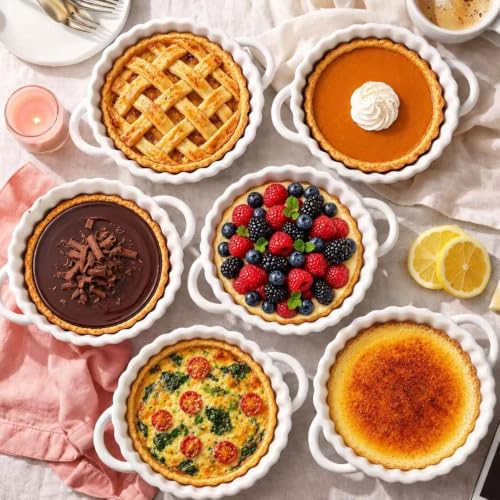 6in Ceramic Mini Pie Pan Set of 6 with Handles for Pie Quiche Tart. Easy to grip (White / 6IN*1.2IN)