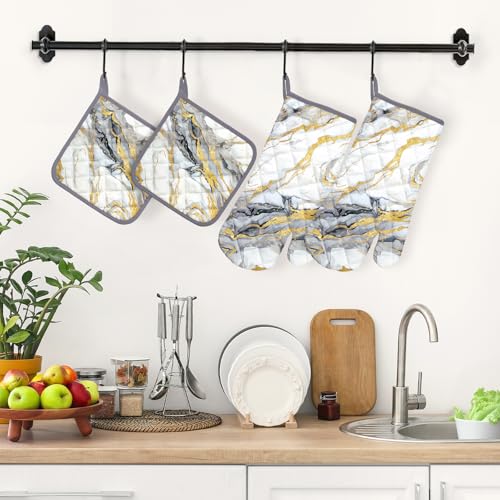 White Gold Marble Oven Mitts and Pot Holders Sets 4Pcs (Marble / Oven Mitt x2 & Pot Holder x2)