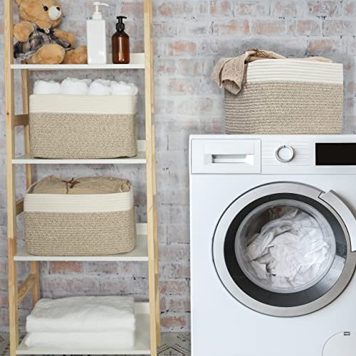 Woven Cotton Rope Storage Baskets 15x10x9.3" 3 Pack White and Brown (white and brown)