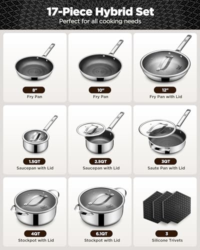 Pots and Pans Set Hybrid Stainless Steel (17 PC)