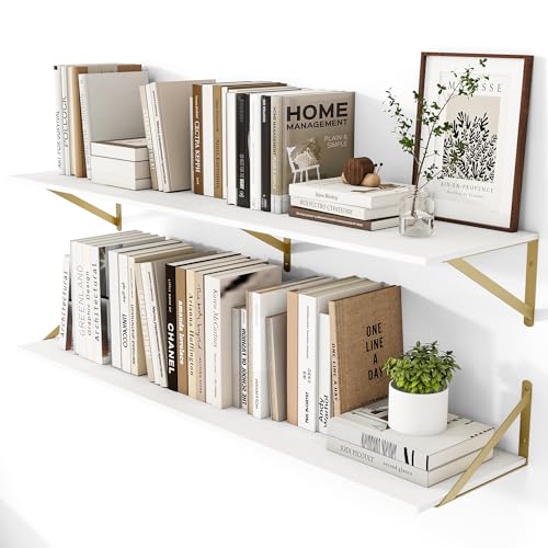 48W x 12D Deep Floating Shelves Set of 2 White & Gold (White With Golden Bracket / 48Wx12Dx5.8H)