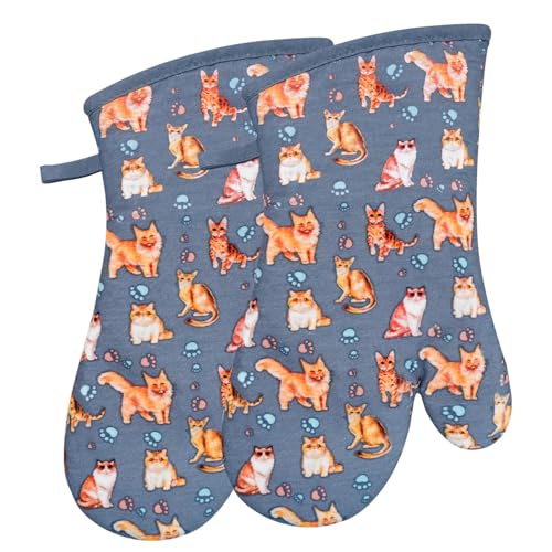 Oven Mitts 1 Pair (Cat, Blue Mitts)