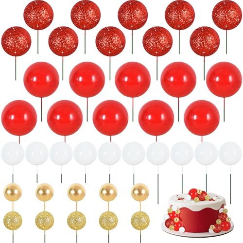 40 pcs Foam Ball Shaped Cake Toppers with Sticks Perfect for Birthday Party Baby Shower Christmas Party Decor Wedding Anniversary Chinese New Year (40-red Gold White)