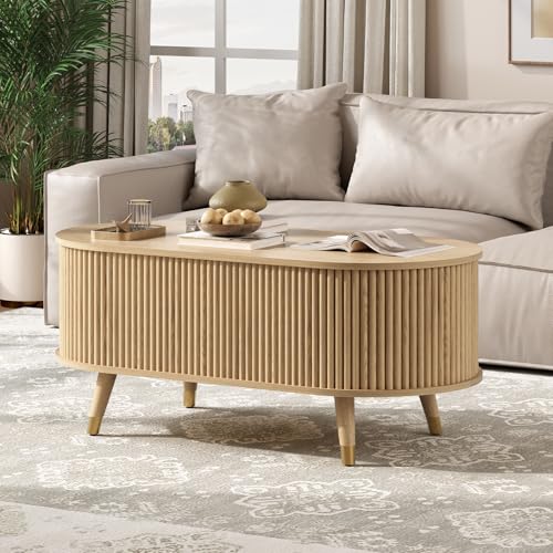 Oval Lift Top Coffee Table with Storage for Living Room (Warm Oak)