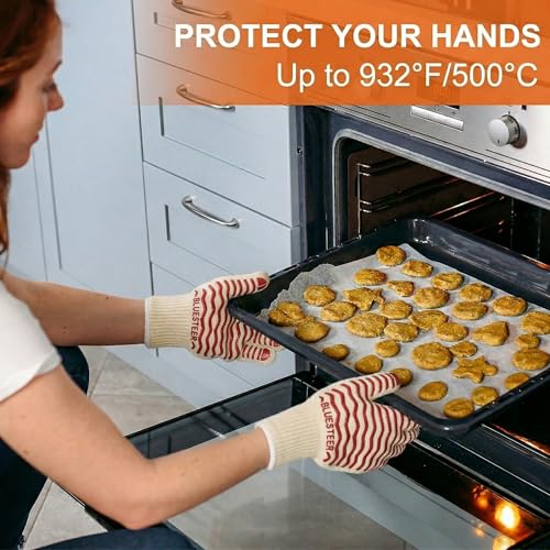 Oven Gloves 932°F Heat Resistant Oven Mitts with Fingers (White-red / One Size Fits Most)