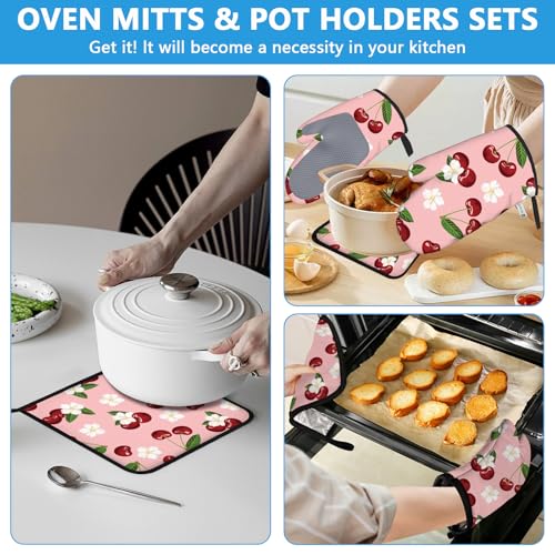 Cherry Oven Mitts and Pot Holders Sets Heat Resistant 4Pcs White Flower Potholders Oven Gloves Hot Pads for Kitchen Baking Cooking Grilling BBQ (Cherry Flower)