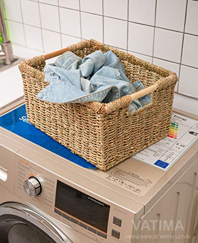 Large Wicker Storage Basket with Wooden Handles (Seagrass / Large (14.5"L x 10.3"W x 7.5"H))