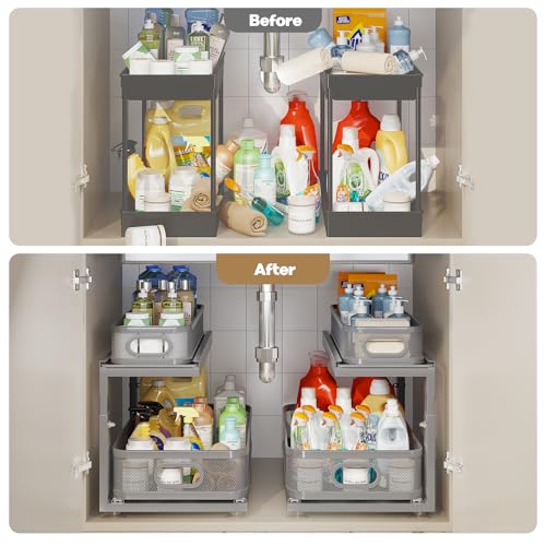 2 Pack 21IN Depth Under Sink Organizer With Next (Gun Gray / 2 Pack-21"Dx12.4"-16.5"H)