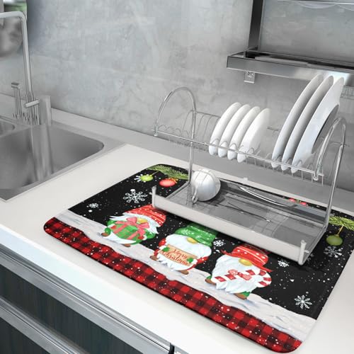 Merry Christmas Dish Drying Mat Black Gnomes Dish Drainer Mats 18x24 Inch Holiday Decorative Absorbent Dishes Pad for Kitchen Counter Sink (Christmas Black Gnomes / 18" x 24")