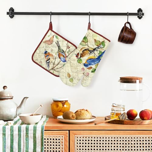 Vintage Bird Oven Mitts and Pot Holders Set (Retro Bird / Oven Mitt x1 & Pot Holder x1)