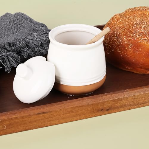 Honey jar with Lid and Wooden Dipper (White)